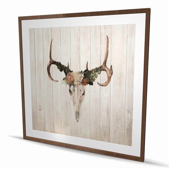 Begin Home Decor C1FM4848HU8VMX 48 x 48 in. Mule Deer Skull with Roses - Beige Framed Matted Print