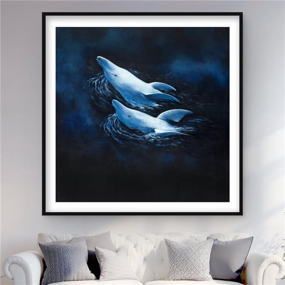Begin Home Decor C1FM4848JFNWLU 48 x 48 in. Two Swimming Dolphins - Framed Matted Print Wall Art - Home Decor