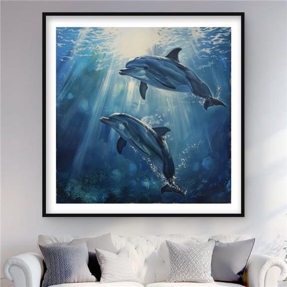 Begin Home Decor C1FM4848VGW0IJ 48 x 48 in. Two Dolphins Gray Framed Matted Print Wall Art - Home Decor Art
