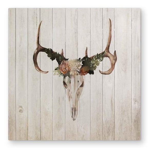Begin Home Decor C1MP3232QSSL4M 32 x 32 in. Mule Deer Skull with Roses Wall Art - Beige Metal Print