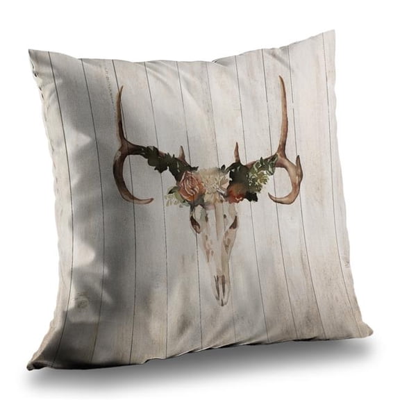 Begin Home Decor C1PT1414YVB5B3 14 x 14 in. Mule Deer Skull with Roses - Beige Rustic Throw Pillow Insert