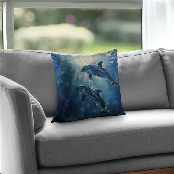 Begin Home Decor C1PT1616GUYA0C 16 x 16 in. Two Dolphins Blue Poly Twill Throw Pillow - Home Decor Insert