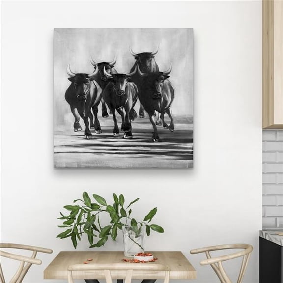 Begin Home Decor C1RC3232V8NB8D 32 x 32 in. Group of Bulls At Galops - Rustic Black Canvas - Home Decor
