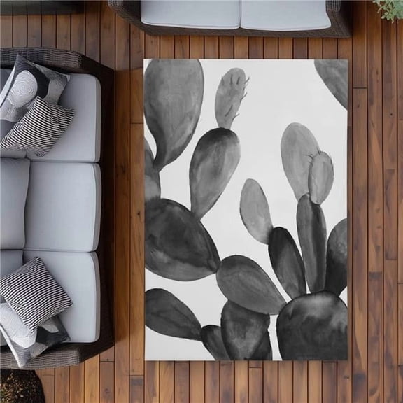 Begin Home Decor C1ROAR46T2H96K 4 x 6 ft. Grayscale Cactus - Monochrome Floral Outdoor Area Rug - Rectangle