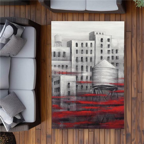 Begin Home Decor C1ROAR46WQZU1T 4 x 6 ft. Gray City with Red Clouds - Building Cities Outdoor Area Rug - Rectangle