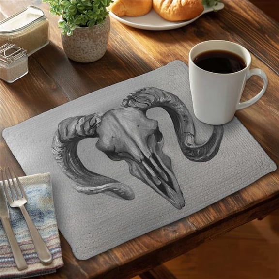 Begin Home Decor C4BP141846E46A 14 x 18 in. Grayscale Aries Skull Braided Polyester Placemat - Decor - Set of 4