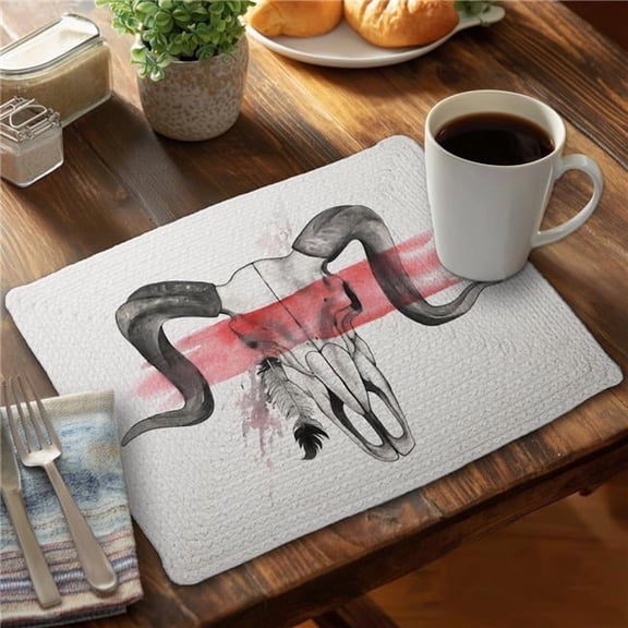 Begin Home Decor C6BP1418RB9KWE 14 x 18 in. Aries Skull with Feather Braided Polyester Placemat - Home Decor - Set of 6