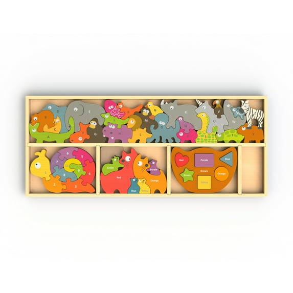 Beginagain Barlowe'S Learning Box - Shapes & Colors, Color Puzzle, Number Puzzle And Animal Parade Alphabet Puzzle