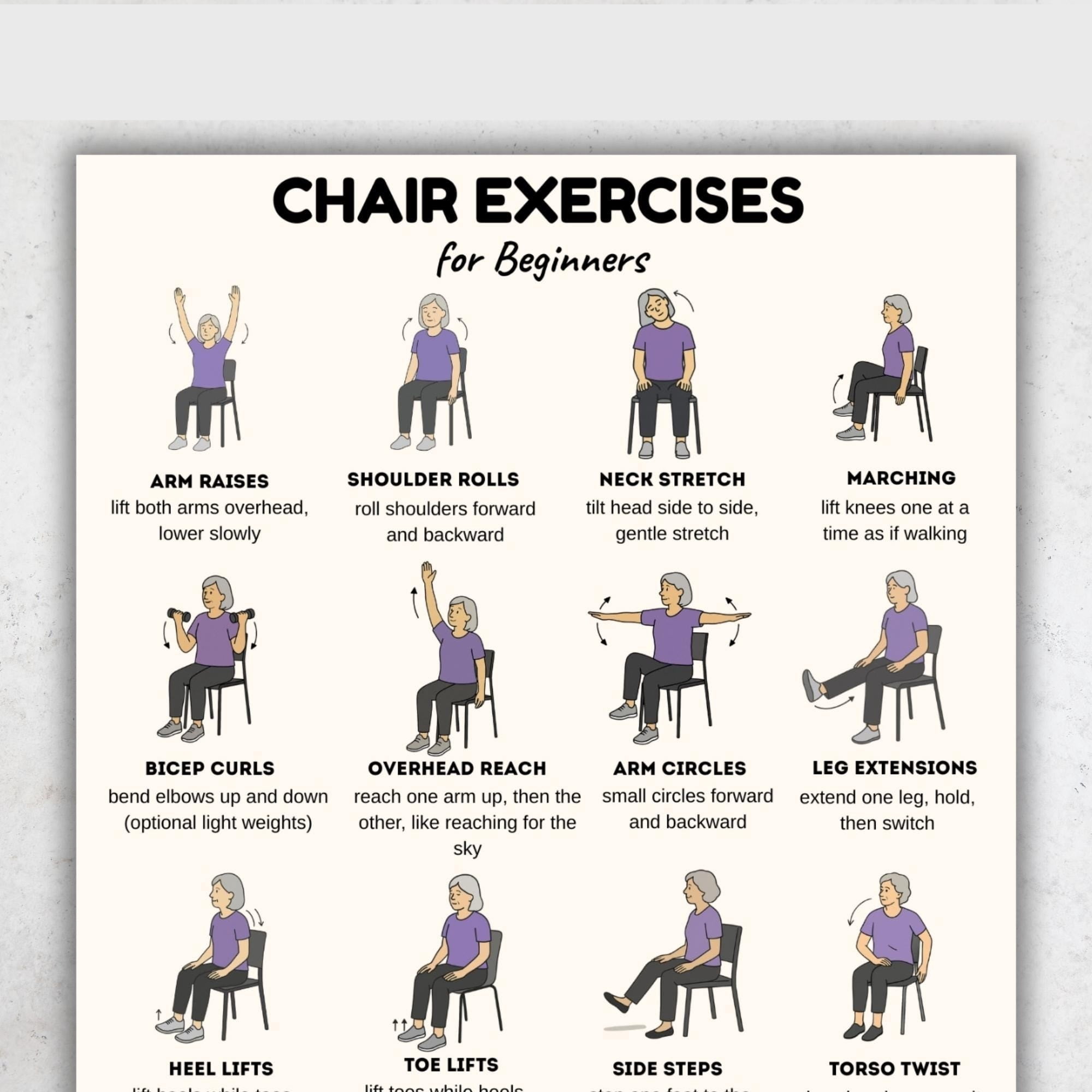 Beginner 16 Step Chair Exercise Poster, Sitting Exercise Plan, Chair ...
