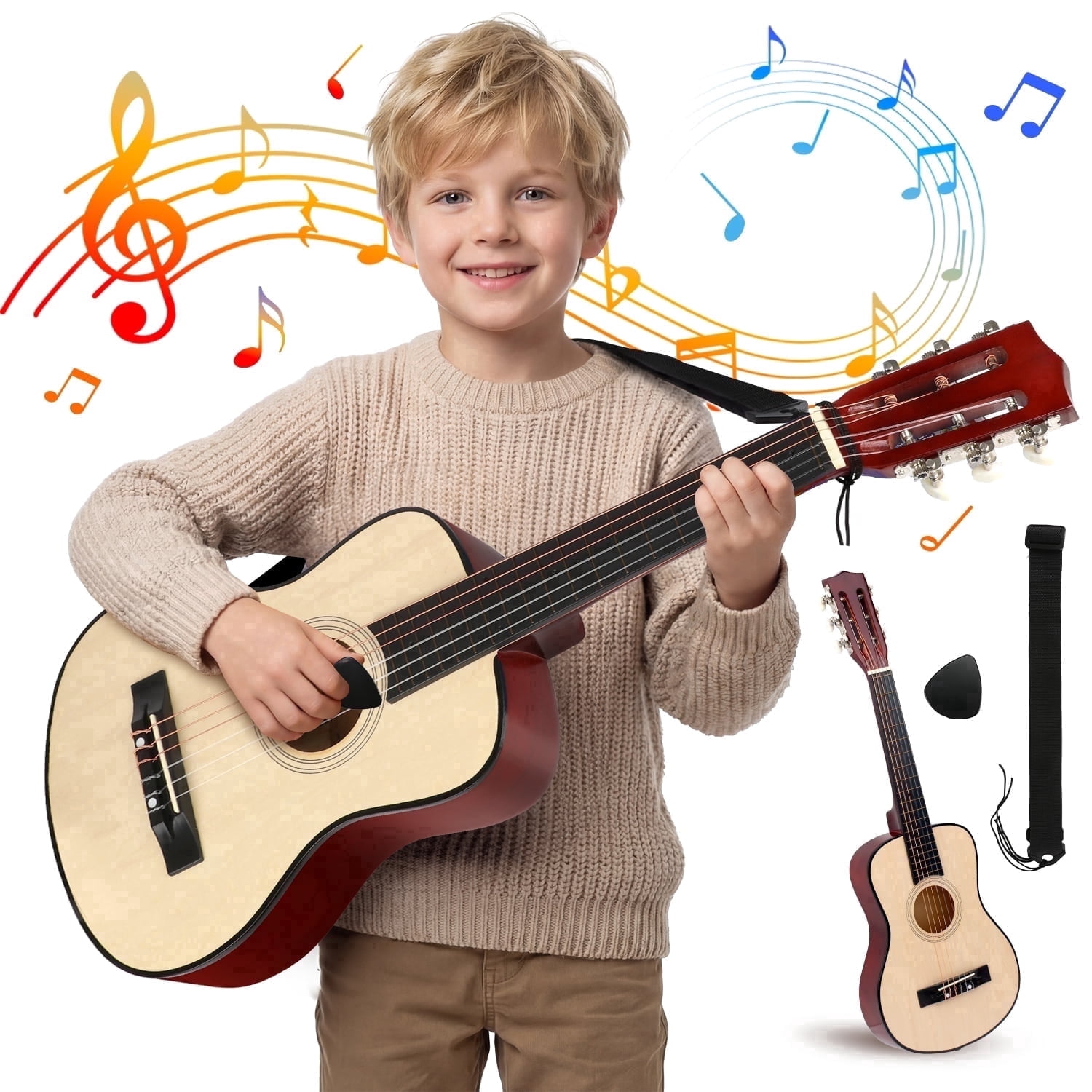 FUJILI 30 Inch Kids Acoustic Guitar Beginner Set with Strap & Picks, Classical Wooden Guitar for Kids Ages 5-12, Junior Starter Guitar Toy for Learning Music, Starter Acoustic Guitar Kit for 8-10
