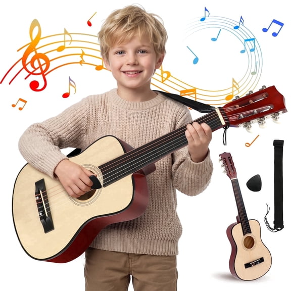 FUJILI 30 Inch Kids Acoustic Guitar Beginner Set with Strap & Picks, Classical Wooden Guitar for Kids Ages 5-12, Junior Starter Guitar Toy for Learning Music, Starter Acoustic Guitar Kit for 8-10
