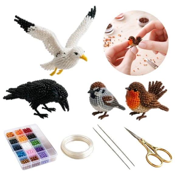 Beginner Beading Kit, 4-Piece 3D Beaded Bird DIY Set, Easy Craft Activity for Adults Teens & Seniors, Complete All Supplies Included