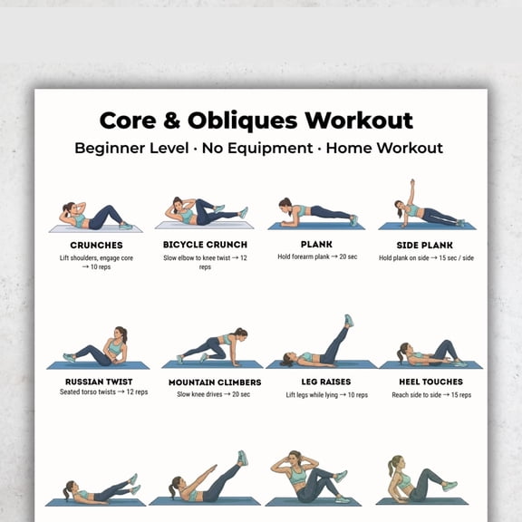 Beginner Core And Diagonal Exercise Poster, Abdominal Exercise Poster At Home, No Equipment Required Core Exercise, Exercise Plan Poster poster