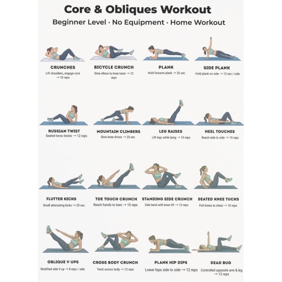 Beginner Core And Diagonal Exercise Poster, Abdominal Exercise Poster At Home, No Equipment Required Core Exercise, Exercise Plan Poster