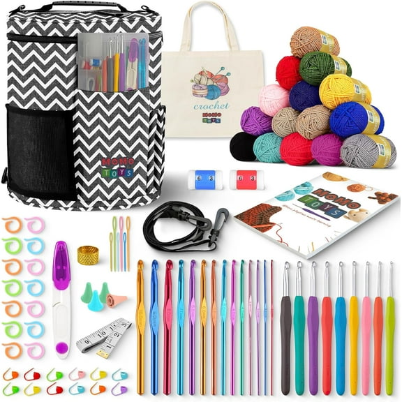 MOMOTOYS 74-Piece Crochet Kit for Beginners and Kids with Instruction Book and Zigzag Gray Organizer Bag
