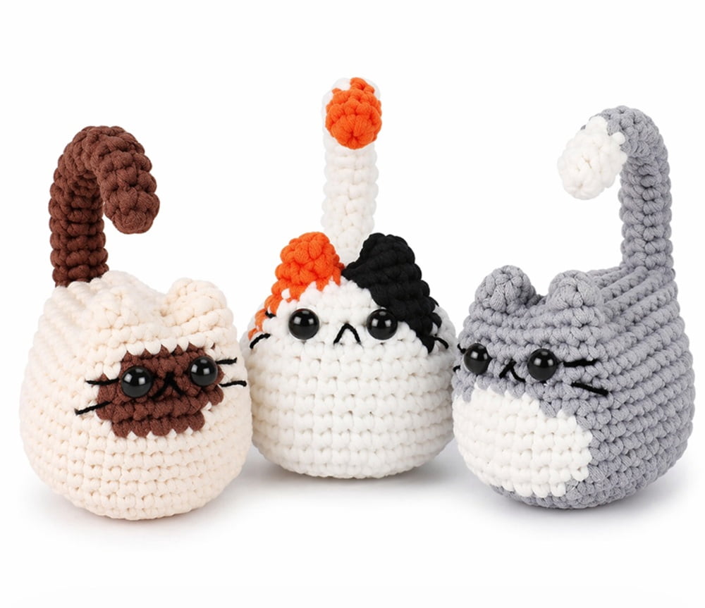 3 Pack Cat Crochet Kit for Beginners, Cat Amigurumi Starter Set with Step by Step Video Tutorials, TIKA