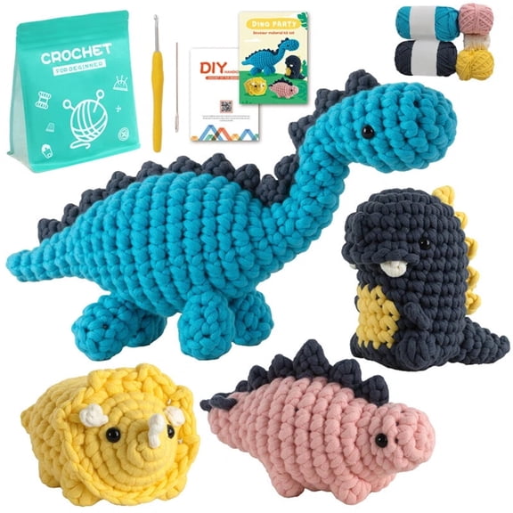 Beginner Crochet Kit for Adults & Kids, DIY Dinosaur Crochet Kit with Step-by-Step Video Tutorial, Complete Crochet Hook Kit for 4 Cute Dinosaur Amigurumi, Perfect Craft Gift