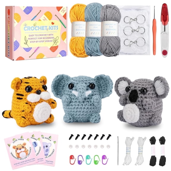Beginner Crochet Kit - Animal Amigurumi Set (Koala, Tigerm, Elephant) with Video Tutorial, DIY Craft Gift for Women Teens