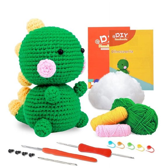 Beginner Crochet Kit, Dinosaur Starter Crochet Animal Kit with Yarn and Tutorial, Starter Pack for Adults and Kids, Green