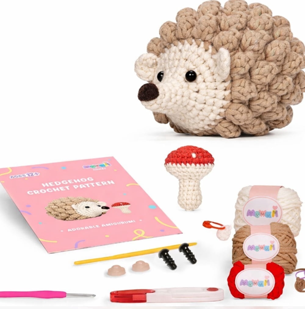 Hedgehog Crochet Kit for Beginners, Mushroom Amigurumi Starter Set with Step-by-Step Video Tutorial, TIKA