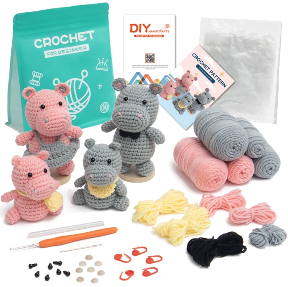 Hippo Family Crochet Kit for Beginners, Amigurumi Starter Set with Yarn, Hooks & Step-by-Step Video Tutorials, TIKA