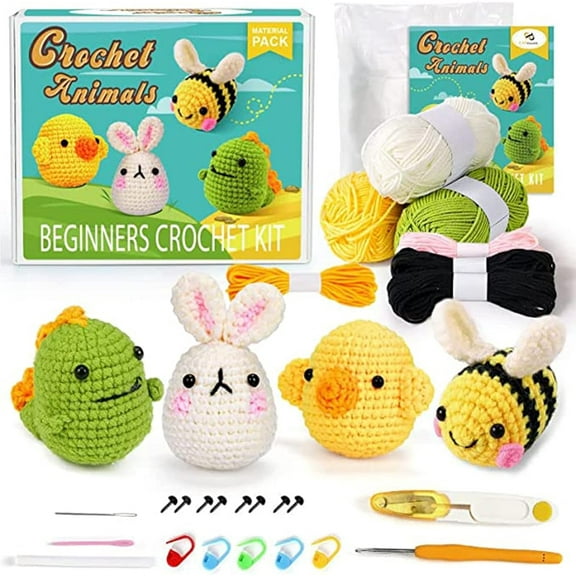 Xinyi Beginner Craft Crochet Kit for Adults and Kids, Make 4 Animals with Instructions and Video