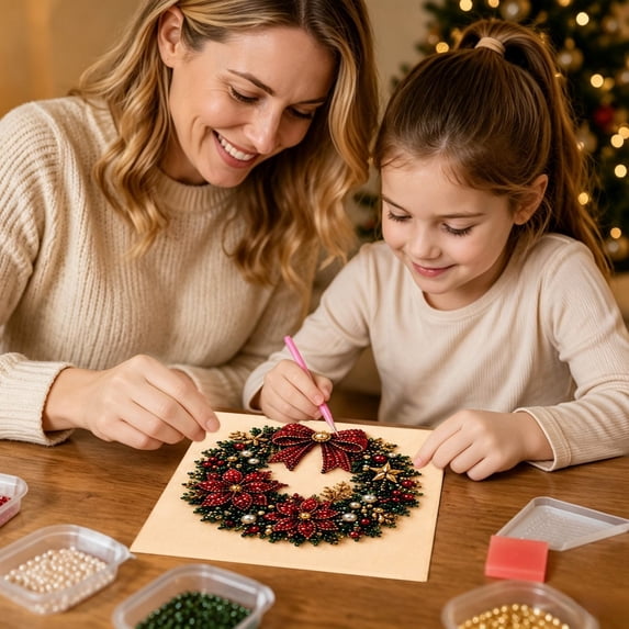Beginner DIY Diamond Art Kit with Frame, 5D Rhinestone Paint by Numbers for Kids Adults, Creative Holiday Craft Set for Home Decor 7.87in (Floral Wreath)