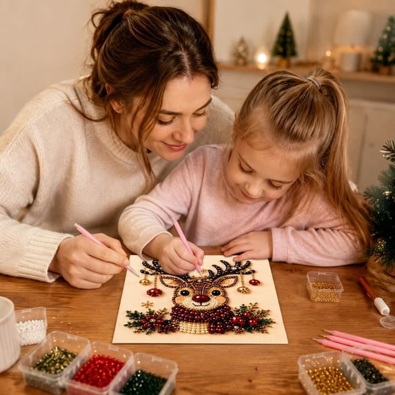 Beginner DIY Diamond Art Kit with Frame, 5D Rhinestone Paint by Numbers for Kids Adults, Creative Holiday Craft Set for Home Decor 7.87in (Elk)