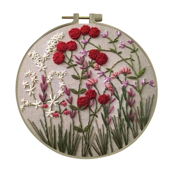 Beginner Embroidery Floral Burst Patterned Artwork Set with Fabric Fabric Canvas 30 cm x 30 cm, Wooden Border Border Rim Side Mount 20 cm, Threads, Needles, Instructions