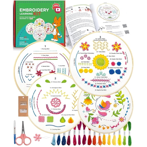 Beginner Embroidery Kit (4 Pack) Learn 33 Stitches with Easy DIY Video Tutorials, Coloured Design Patterns, Thread Floss, Stitch Hoop, (AZA100)