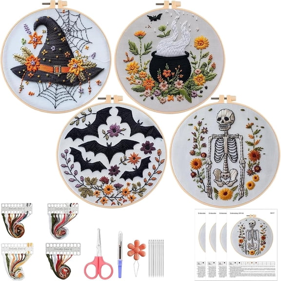 Beginner Embroidery Kit – 4 Stamped Needlepoint Patterns with Hoops, DIY Craft Kit for Adults & Teens, Easy Cross Stitch Set for Home Décor, Gifts & Creative Hobbies, Halloween Theme