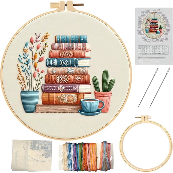 Beginner Embroidery Kit for Adults- Stamped Books and Flowers Pattern Cross Stitch Set,Needlepoint Starter Kit with Instructions,Color Thread,8'' Embroidery Hoops for Home Ofiice Decor