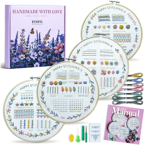 Beginner Embroidery Kit for Adults & Teens – 33 Stitches, Stamped Plant & Wreath Patterns, Hoop, Threads & Tools, Video & Manual Instructions, Easy & Fun DIY Gift for Craft Lovers