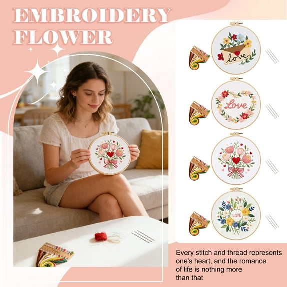 Beginner Embroidery Kit - Valentine's Day Floral Embroidery DIY Craft Kit with Hoop, Thread, Pattern, Needles - Complete Starter Set for Adults & Teens, Heart Gift Idea (20 cm)