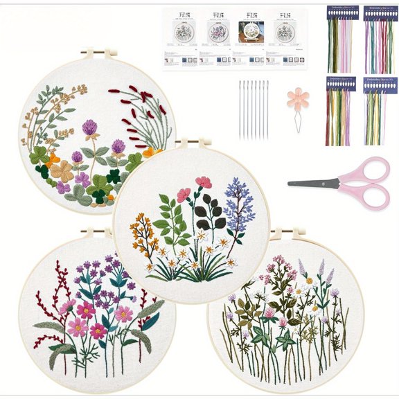 Beginner Embroidery Kit for Adults - 4 Floral Cross Stitch Sets with Pre-Stamped Fabric, Hoops, Threads, and Needles, Easy Step-by-Step Guide