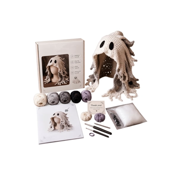 Beginner Fantasy Hood Crochet Kit, Spider Eyeball Ghost Hood Knitting Kit with Yarn Hooks, DIY Crochet Hood Pattern Set, Halloween Cosplay Hat Handmade Craft Supplies & Holiday Gift