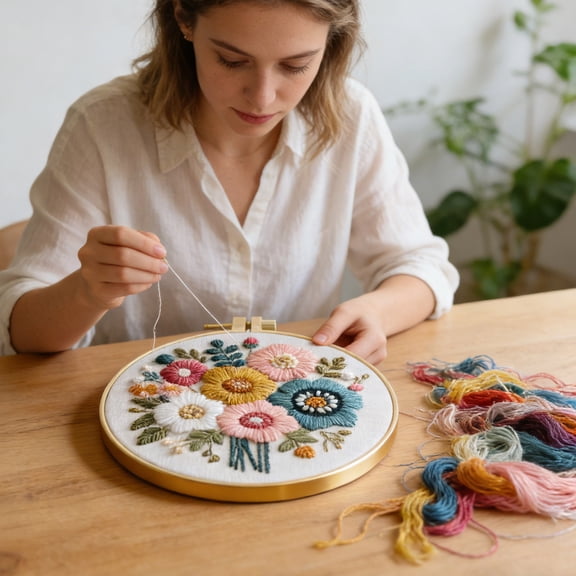 Beginner Floral Embroidery Kit - DIY Hand Embroidery Needlepoint Set - Pre-Printed Fabric with Threads and Instructions for Adults