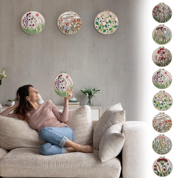 Beginner Floral Embroidery Kit with Hoop and Pre-Printed Pattern, DIY Hand Embroidery Starter Kit for Home Decor Gift