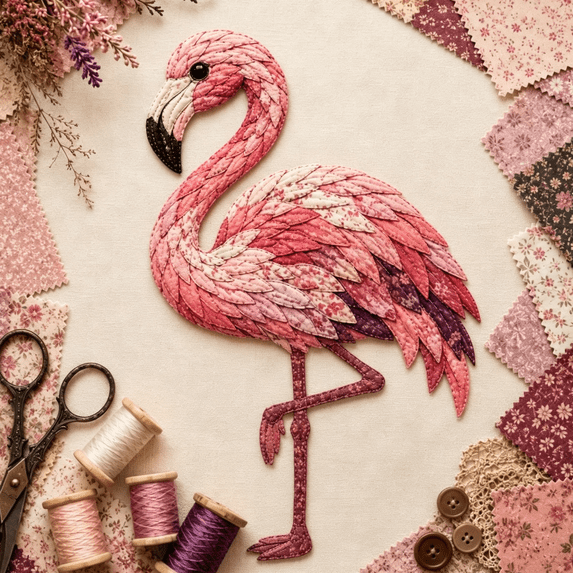 Beginner-Friendly 3D Patchwork Bird DIY Craft Kit, All-in-One Sewing Fabric Bird Making Supplies, Stress Relief Handcraft Gift for Craft Lovers Flamingo