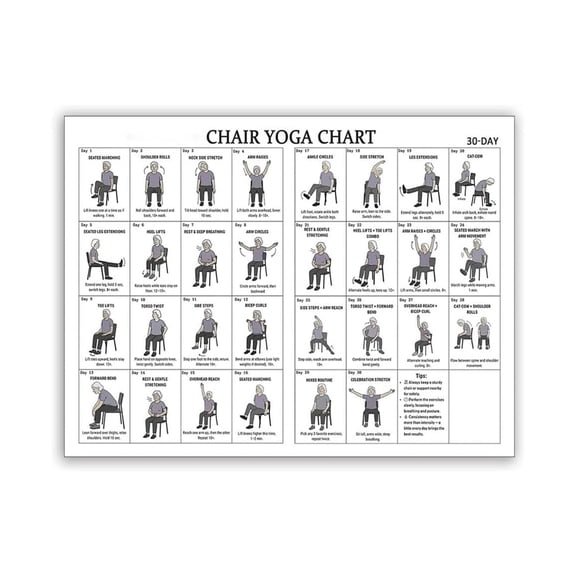 Beginner Friendly Chair Yoga Poster Seniors Seated Exercise Chart for Balance Flexibility Strength Laminated Gentle Workout Guide Wall Art for Living Room Office