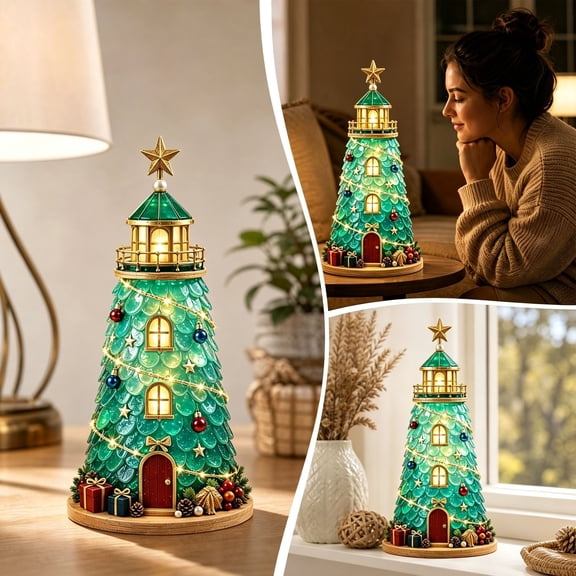 Beginner-Friendly DIY Lighted Christmas Character Sea Glass Lighthouse Kit for Adults, 3D Art DIY Kit Coastal Decor with LED Lights, Sea Glass Handmade Christmas Tree Home Gift