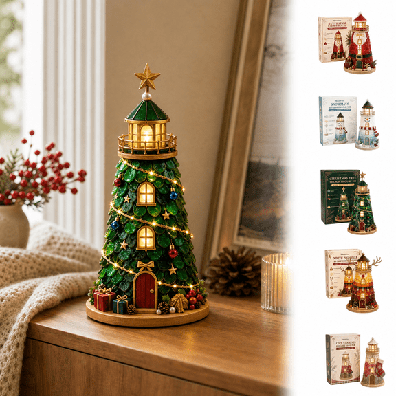 Beginner-Friendly DIY Lighted Christmas Character Sea Glass-Style Lighthouse Kit Collection, 3D Handmade Craft Kit with Pieces, Festive Holiday Home Decor for Xmas Tabletop,S3