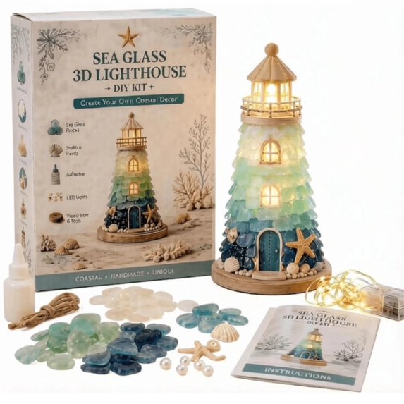 Beginner Friendly DIY Lighted Christmas Character Sea Glass Style Lighthouse Kit Collection Complete Kit with Sea Glass Style Pieces LED Lights Guide Included,C