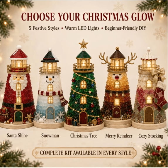 Beginner-Friendly DIY Lighted Christmas Character Sea Glass-Style Lighthouse Kit Collection , Complete Kit with Sea Glass-Style Pieces, LED Lights & Step-by-Step Guide Included