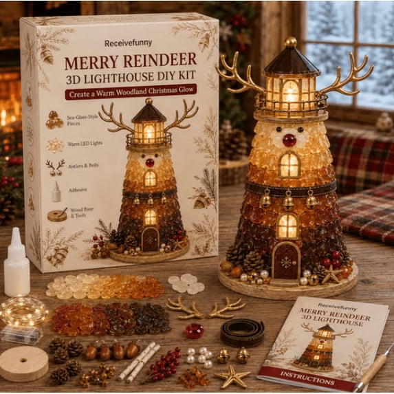 Beginner-Friendly DIY Lighted Christmas Character Sea Glass Style Lighthouse Kit Collection | Complete Kit with Sea Glass-Style Pieces, LED Lights & Step-by-Step Guide Included