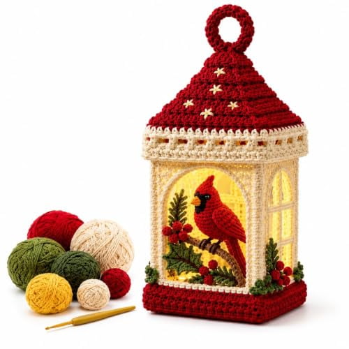 Beginner-Friendly DIY Lighted Christmas Crochet Lantern Kit Collection | Nativity Scenery Ornament Set, Cardinal Snowman Angel Church, Handmade Yarn Tree Decor, Santa Bow (Cardinal)