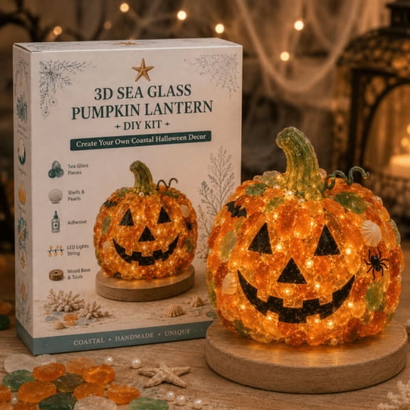 Beginner-Friendly DIY Lighted Sea Glass Halloween Character Kit, Glowing Handmade Halloween Craft Project for Adults, Creative Seasonal Tabletop Home Decor (pumpkin)