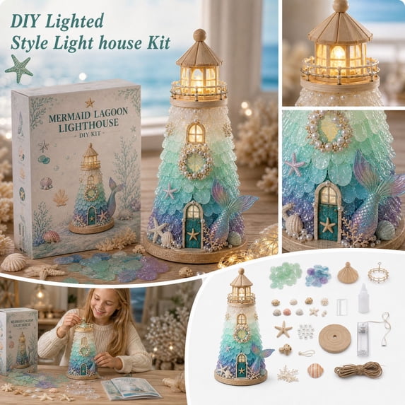 Beginner-Friendly DIY Lighted Sea Glass-Style Lighthouse Kit Collection | Calming Ocean-Themed Craft Kit for Adults & Coastal Home Decor Coastal Christmas D