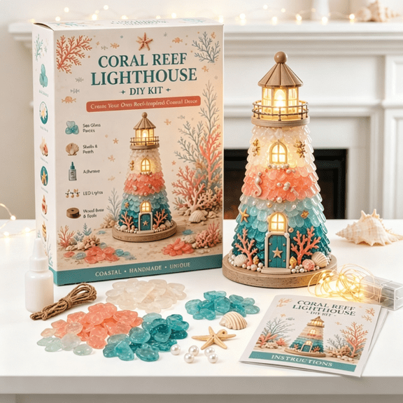 Beginner-Friendly DIY Lighted Sea Glass-Style Lighthouse Kit Collection | Complete Glowing Coastal Decor with Sea Glass, Shells, and Pearls Sunset Beach