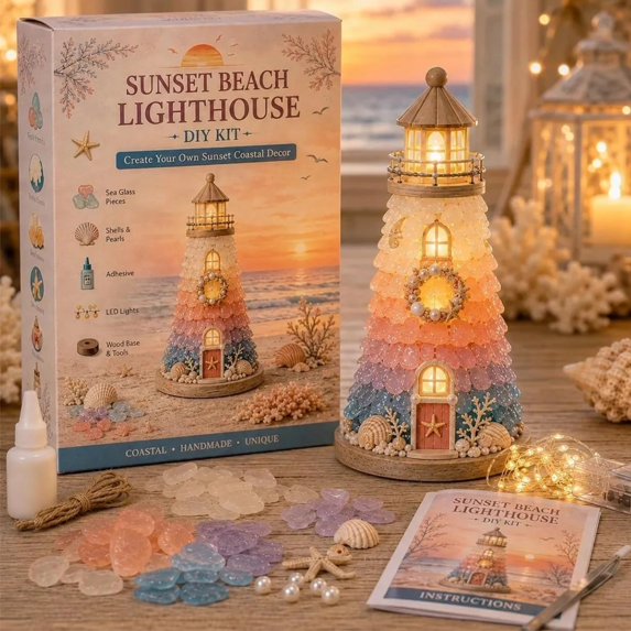 Beginner-Friendly DIY Lighted Sea Glass-Style Lighthouse Kit Collection, DIY Sea Glass Lighthouse Kit with Pieces & Guide, Adults Craft Kit, Handmade Ocean Beach Decor Gift for Craft Lovers(E)